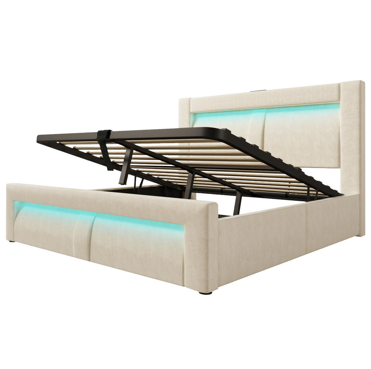 BETT mit Stauraum & LED 140x200 cm Samt Beige inkl. Matratze - Beige, Metall (140/200cm) - Meubliv