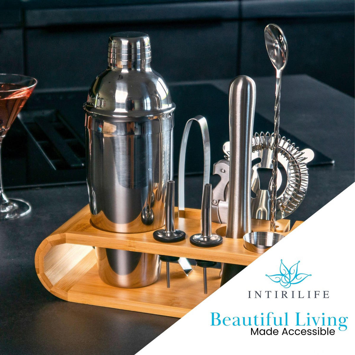 COCKTAIL-SHAKER Set mit Bambus-Ständer (12-tlg.) - Silberfarben, Metall (10.5/25.5/27.5cm) - Intirilife