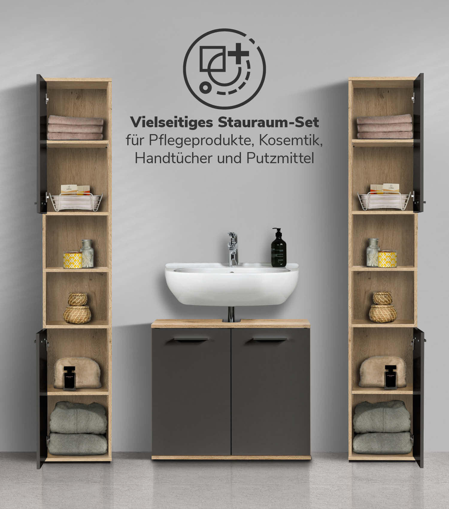 BADMÖBEL-SET 3-teilig Der Steuermann - Anthrazit, Holzwerkstoff (136/180/34cm) - Mokebo