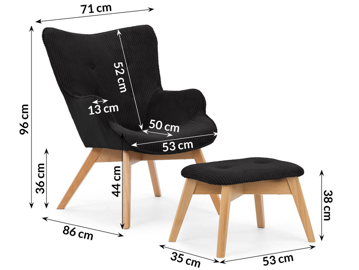 LOUNGESESSEL mit Fußhocker Lenari Schwarz Cordstoff mit Füßen in Natur - Schwarz/Naturfarben, Holz/Textil (71/96/86cm) - S-Style Möbel