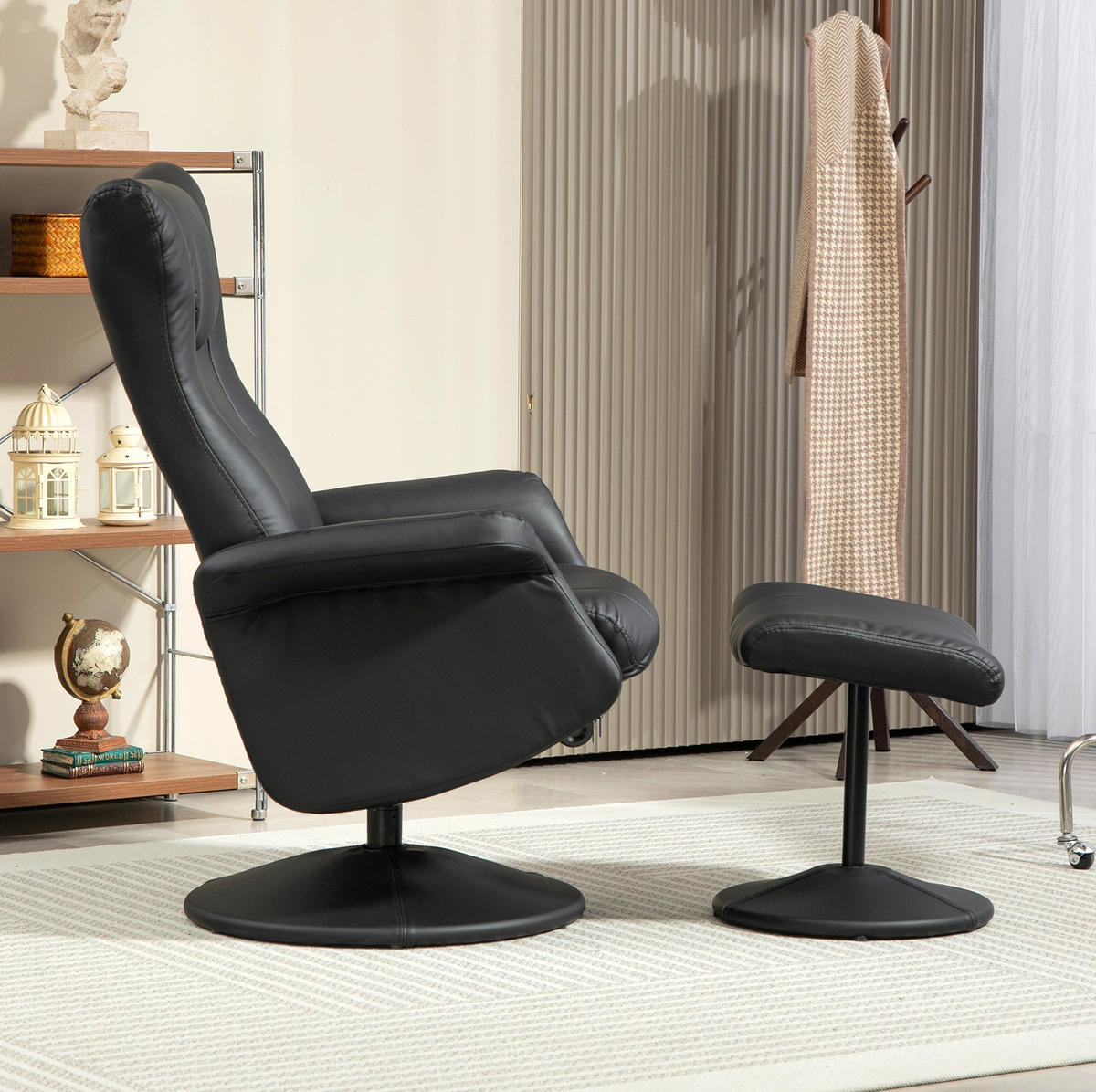 RELAXSESSEL Kunstleder mit Hocker, 360° Drehfunktion 70/79/105 cm Schwarz - Schwarz, Kunststoff (70/105/79cm) - Redom