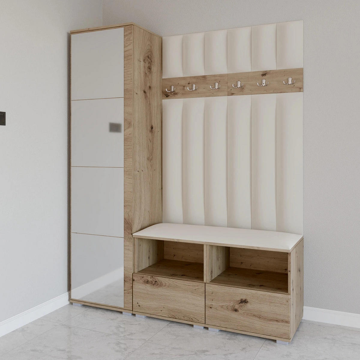 GEPOLSTERT Garderoben-Set Nela II LUX (Spiegel – Farbe Eiche Artisan + Stoff Trinity 01) - Silberfarben/Creme, Holz/Holzwerkstoff (150/187/40cm) - Ravio