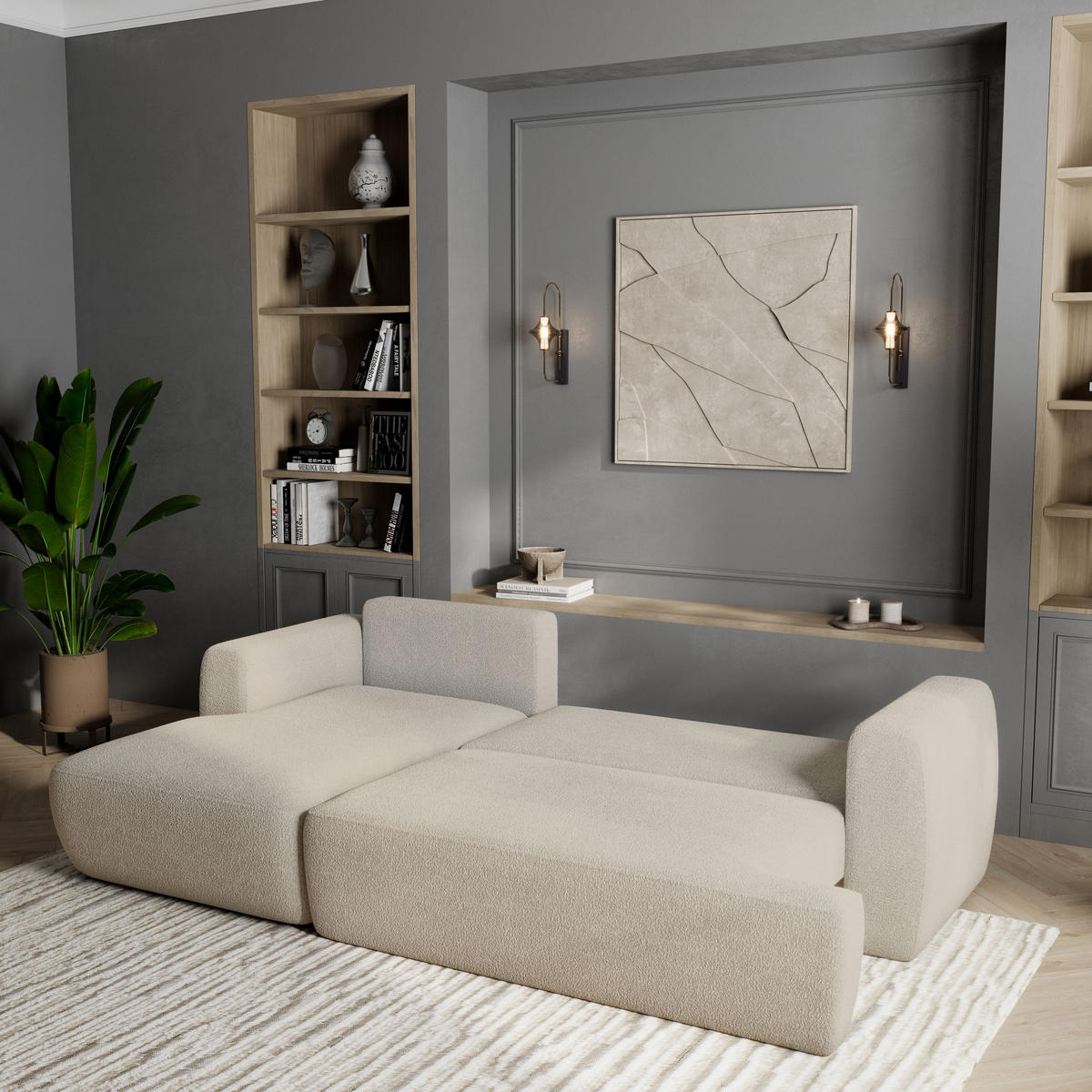 ECKSOFA SENTI N L-S Creme Boucle-Stoff mit Schlaffunktion - Creme, Holz (246/148cm) - MASSENO