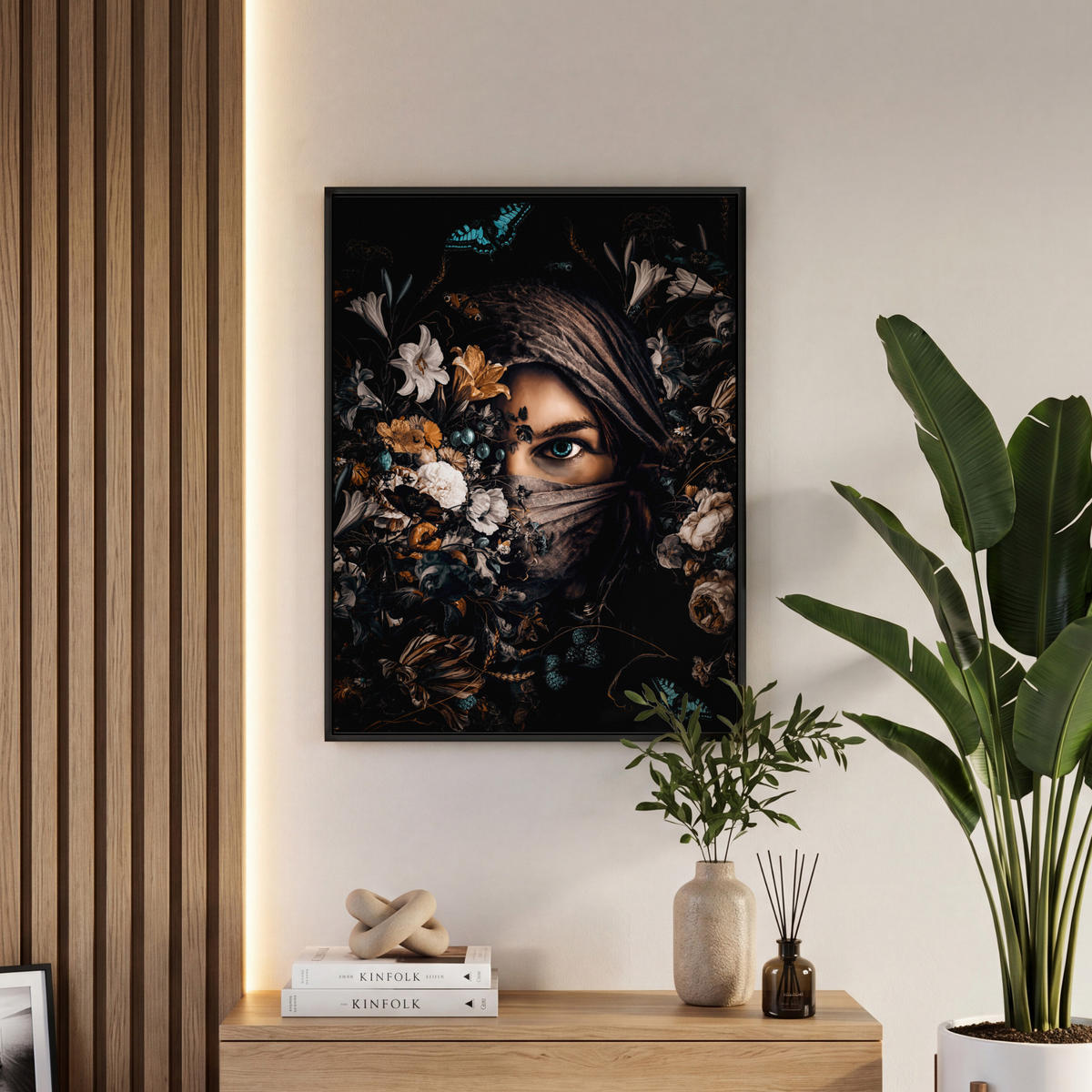 LEINWAND Bilder mit Rahmen - Frau - Luxus - Blumen - Schmetterling - Porträt - 60x80 - Schwarz, Textil (60/80cm) - MuchoWow