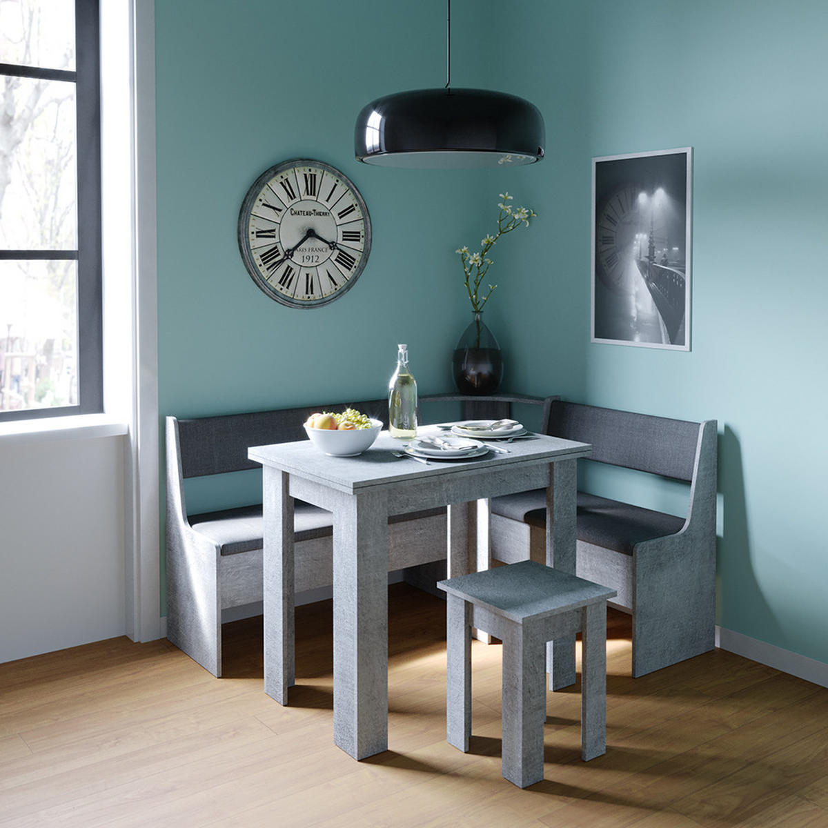 ECKBANKGRUPPE Roman Beton 150 x 41.5 cm mit Tisch - Schieferfarben, Holzwerkstoff (150/80/120cm) - Vicco
