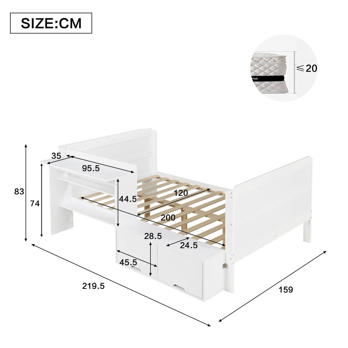 STAURAUMBETT 120/200 cm mit Schreibtisch, DE-41759, in Weiß - Weiß, Holzwerkstoff (120/200cm) - ComfortXL