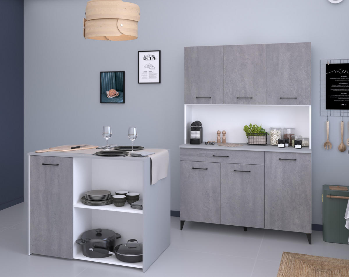 KÜCHENMÖBEL Malice 4 in Weiß und Beton 2teilig Küchenbuffet mit Kücheninsel - Weiß, Holzwerkstoff (80/200/120cm)