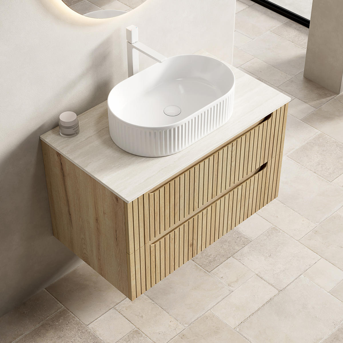 WASCHTISCHUNTERSCHRANK 80x46x62.2cm Weiß/Eiche mit ovalem Keramikbecken & 2 Schubladen - Eichefarben, Keramik (80/62.2/46cm) - Modfu