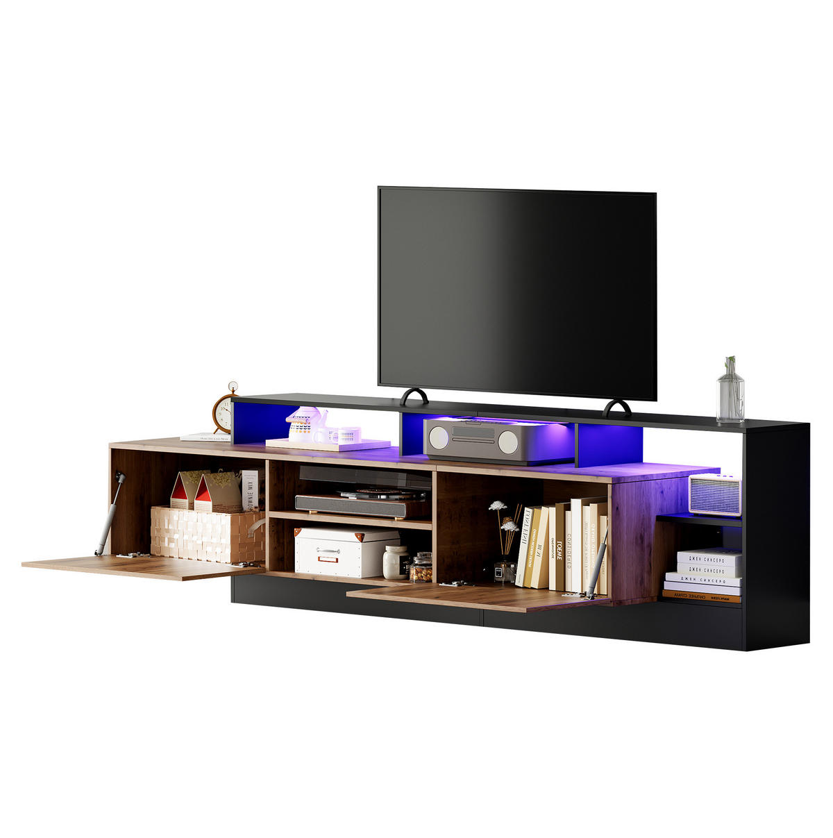 TV-LOWBOARD aus Spanplatte 190x40x48,5 cm Eichefarben/Schwarz mit LED-Beleuchtung und Stauraum für TV bis 70 Zoll - Schwarz, Holzwerkstoff (190/48.5/40cm) - IVMEU