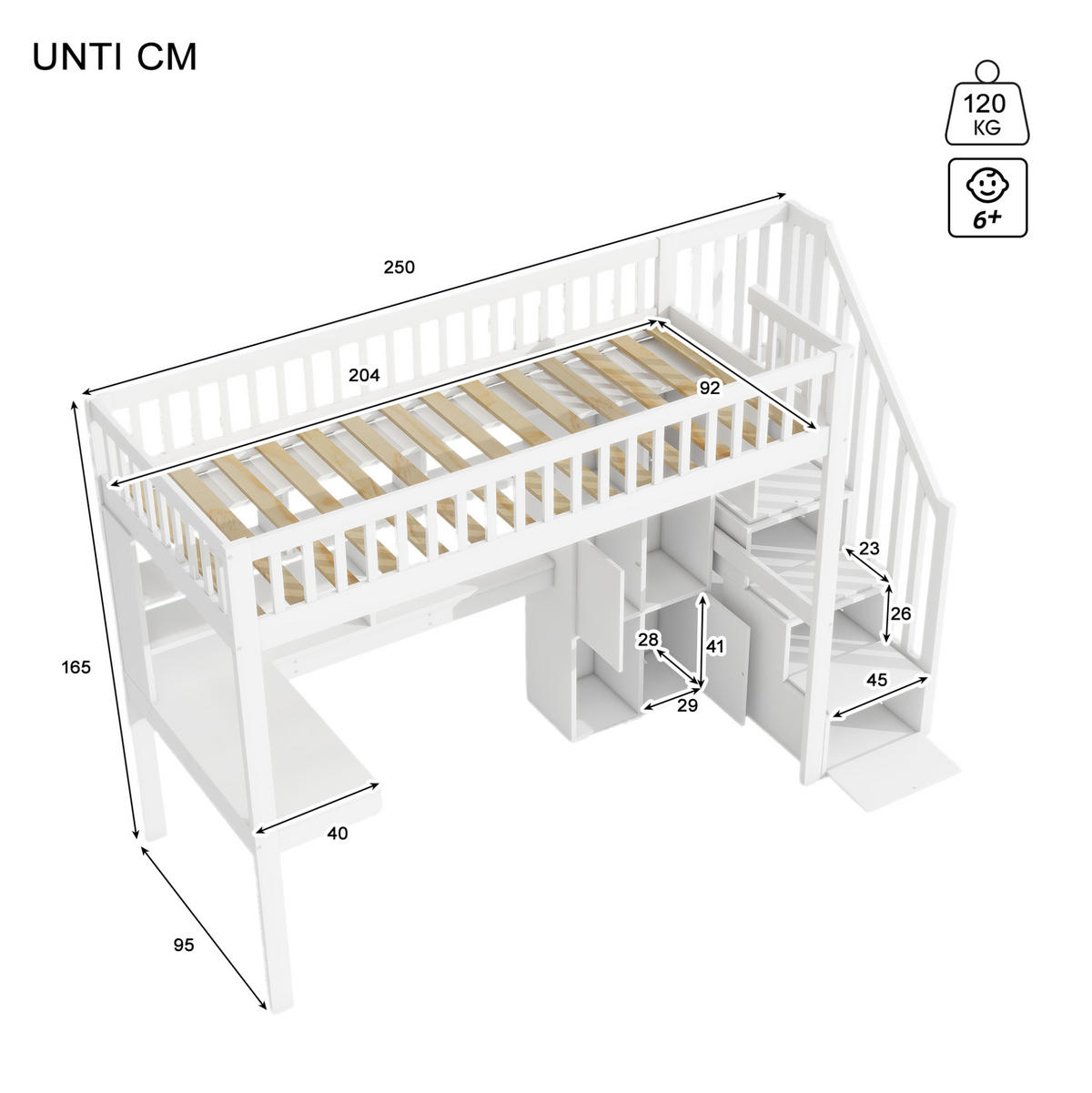 HOCHBETT 90/200 cm, Weiß mit Schreibtisch, LED, Ablageleiter, ohne Matratze - Weiß, Holz (90/200cm) - MIVRAY