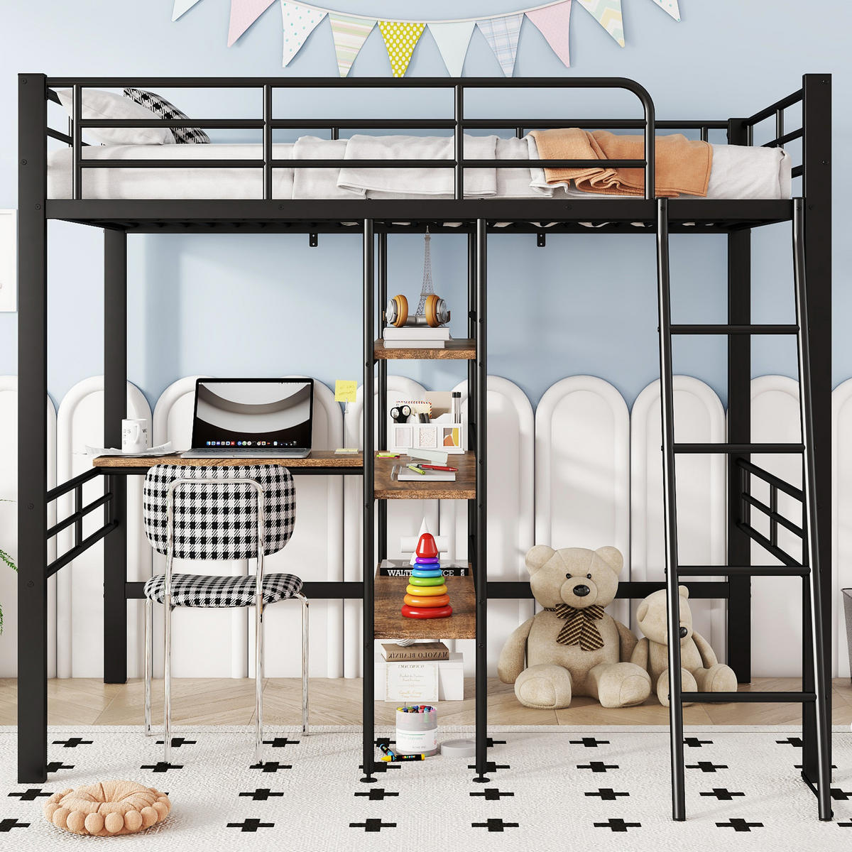 HOCHBETT 90x200cm Schwarz Metall Schreibtisch Regale Geländer Leiter - Schwarz, Metall (90/200cm) - FLIEKS