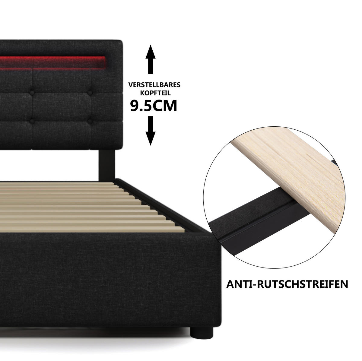 POLSTERBETT 90/200 cm Schwarz aus Leinen mit LED-Beleuchtung und 2 Schubladen - Schwarz, Textil (90/200cm) - OKMYHOME