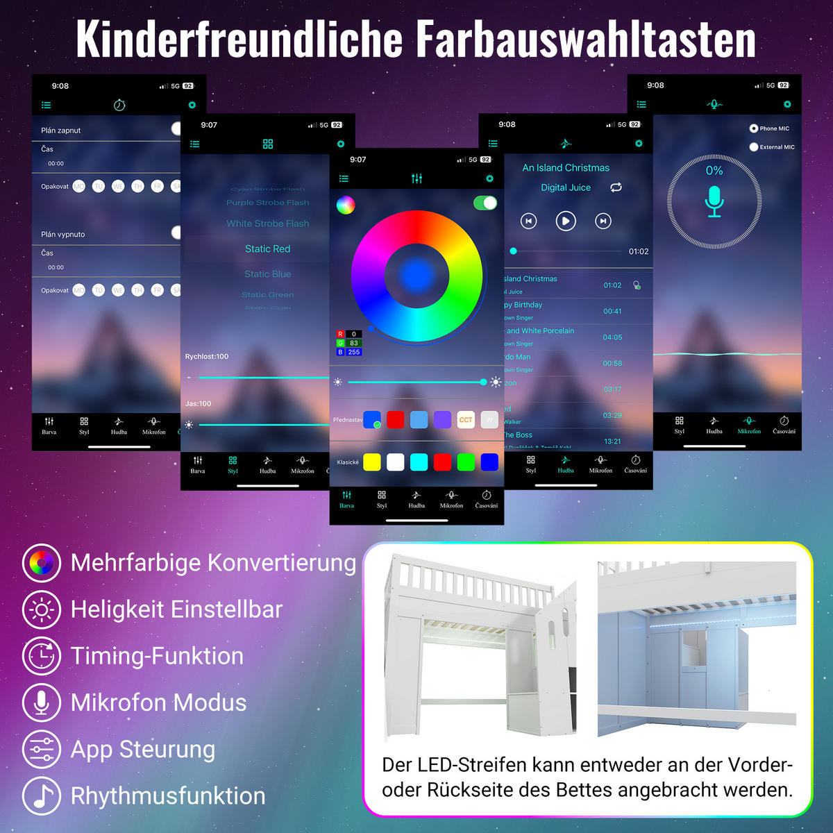 HOCHBETT 90/200 cm in Weiß Kinderbett mit Rutsche, Stauraumtreppe und LED - Weiß, Holzwerkstoff (90/200cm) - STILVORA