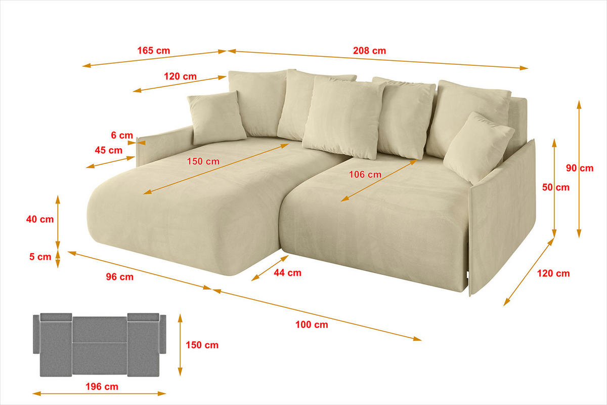 ECKSOFA mit Schlaffunktion und Bettkasten ONESK-L -v1 208x165x40 Beige Velours - Beige, Holzwerkstoff/Kunststoff (208/165cm) - ALTDECOR