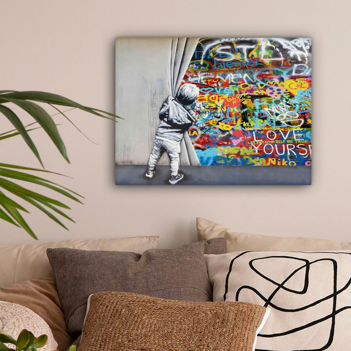 LEINWANDBILD Graffiti - Junge - Ilussie - Straßenkunst Wandbild 40x30 cm - Hellgrau, Textil (40/30cm) - MuchoWow