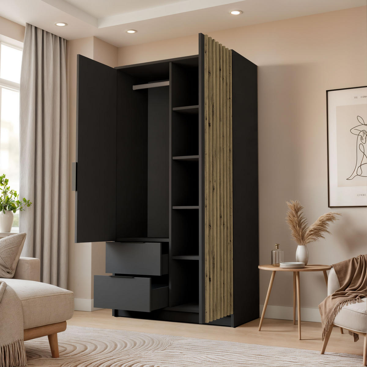 KLEIDERSCHRANK NELA, zweitürig mit Lamellen, 105 cm, Graphit/Artisan - Graphitfarben, Holzwerkstoff (105/200/51cm) - Lookway