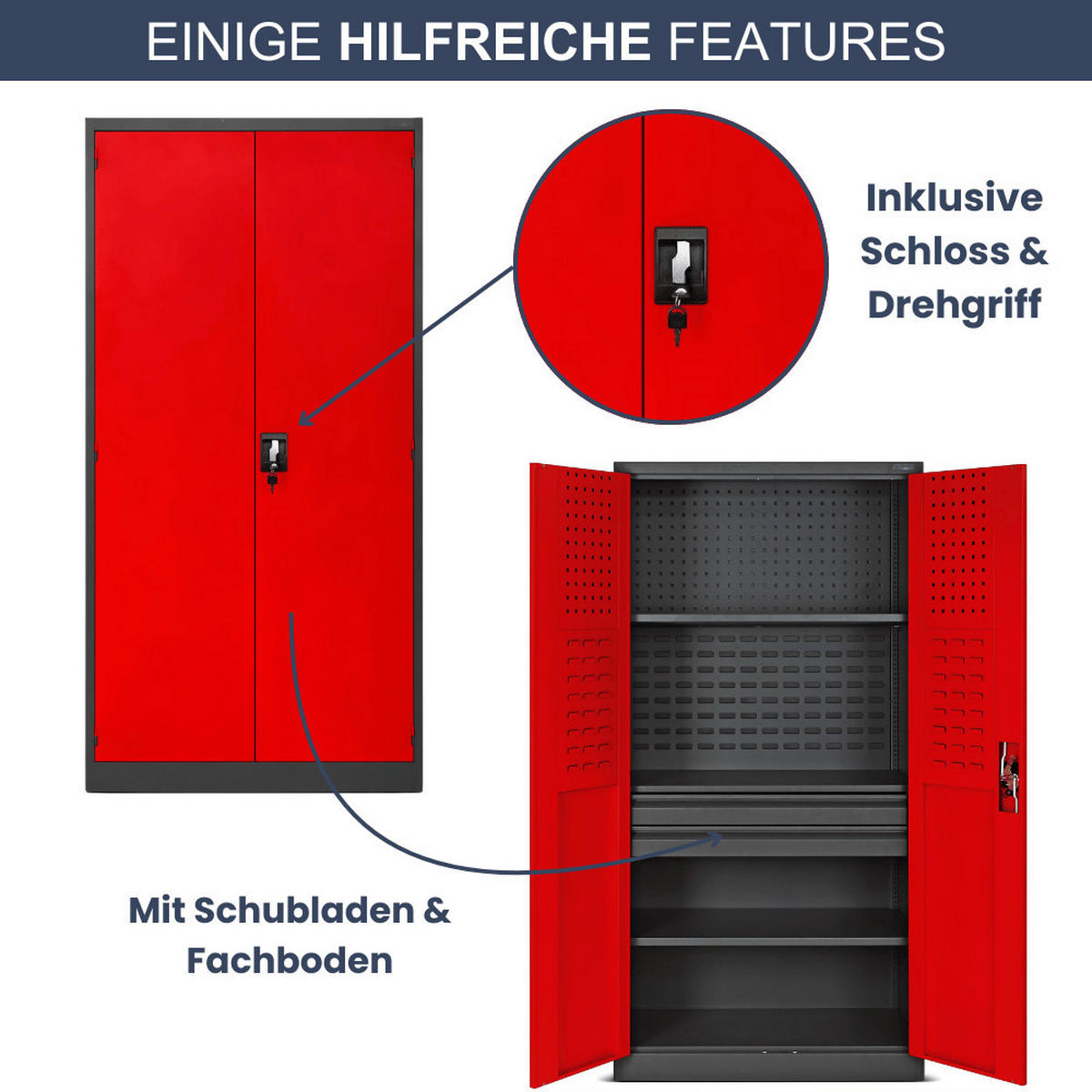 WERKZEUGSCHRANK mit Lochwand AESO 185x92x50cm Anthrazit-Rot - Anthrazit, Metall (92/185/50cm) - DELUKE