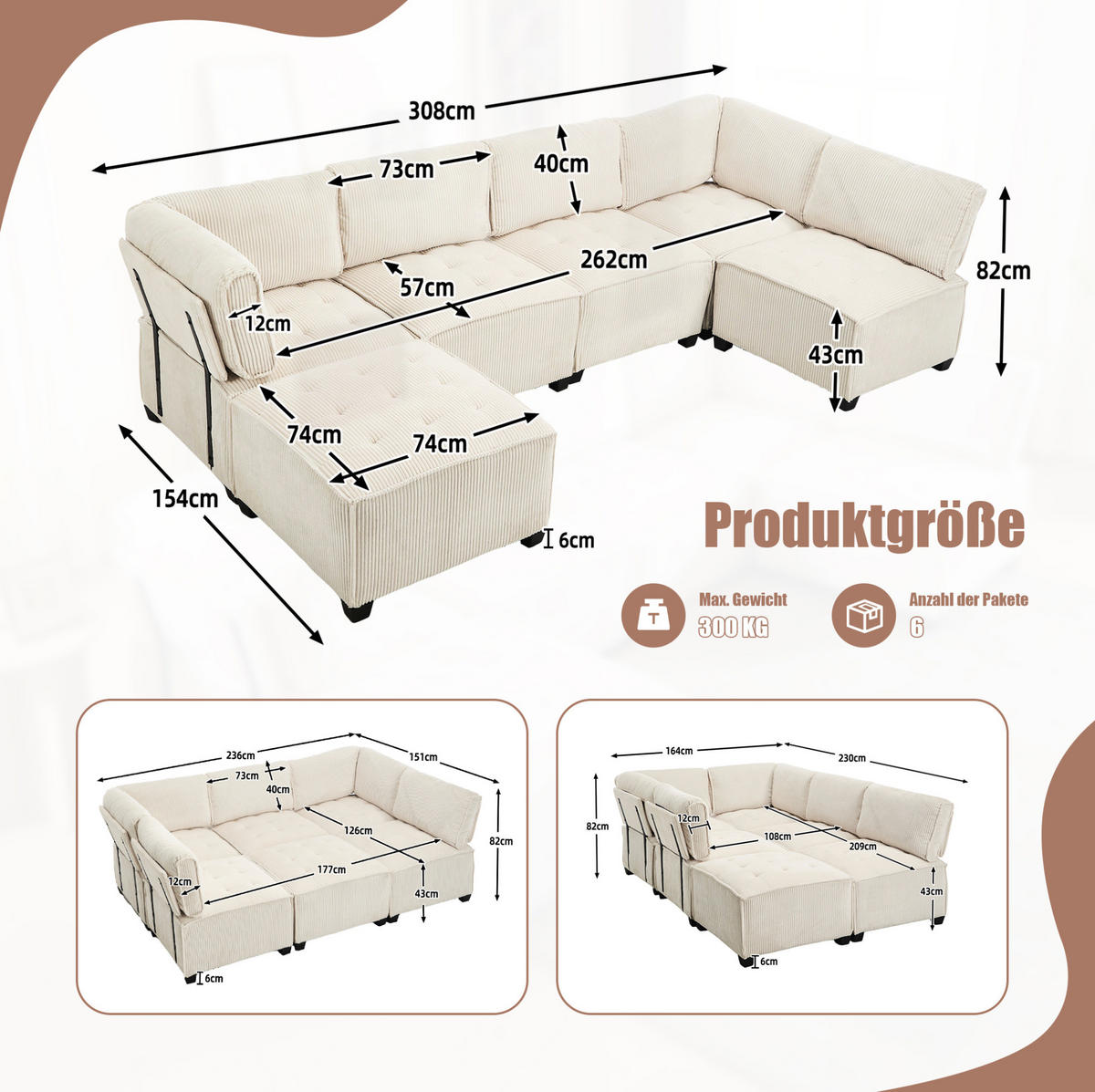 SOFA modular 308 x 154 cm Cord Beige 6-Sitzer - Beige, Kunststoff (154/82/308cm) - Meubliv
