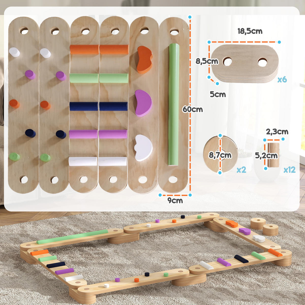 BALANCEBALKEN-KINDERSET aus Holz, 3-8 Jahre, zweiseitig, für Koordination - Multicolor, Holzwerkstoff (115/8.5/130cm) - AIYAPLAY