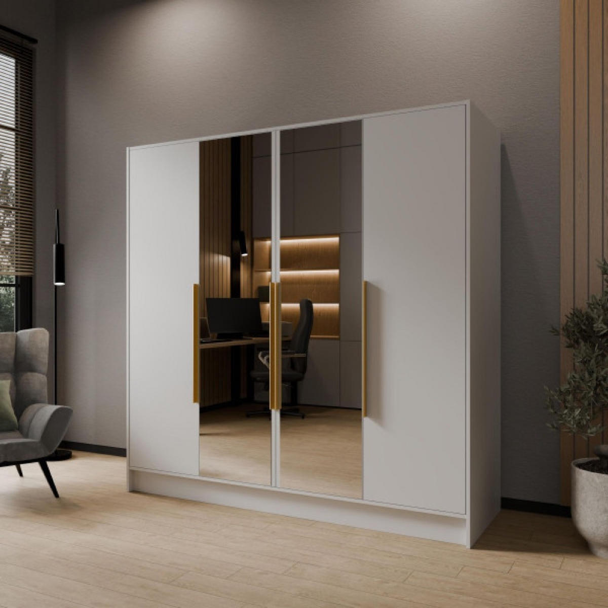 SCHRANK Weiß LUSO Mit Spiegel Und Goldenen Griffen 200 g - Goldfarben/Weiß, Holzwerkstoff (200/200/51cm) - Sepro Meble
