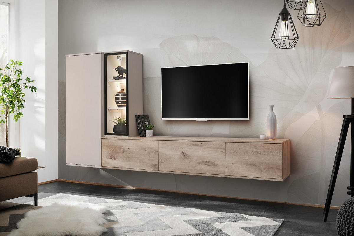 WOHNWAND Eiche, Kaschmir hängend 240 cm, Schrankwand mit Push-to-Open inklusive Beleuchtung - Kaschmir/Eichefarben, Glas/Holzwerkstoff (240/125/35cm) - Furn.Design