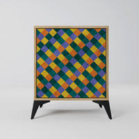 SIDEBOARD PAINTED SQUARES MIX, Eichefarben, 57,5x42x70,5 cm, Schwarze Metall-Sternfüße - Eichefarben/Multicolor, Holzwerkstoff/Metall (57.5/70.5/42cm) - SpaceRebels