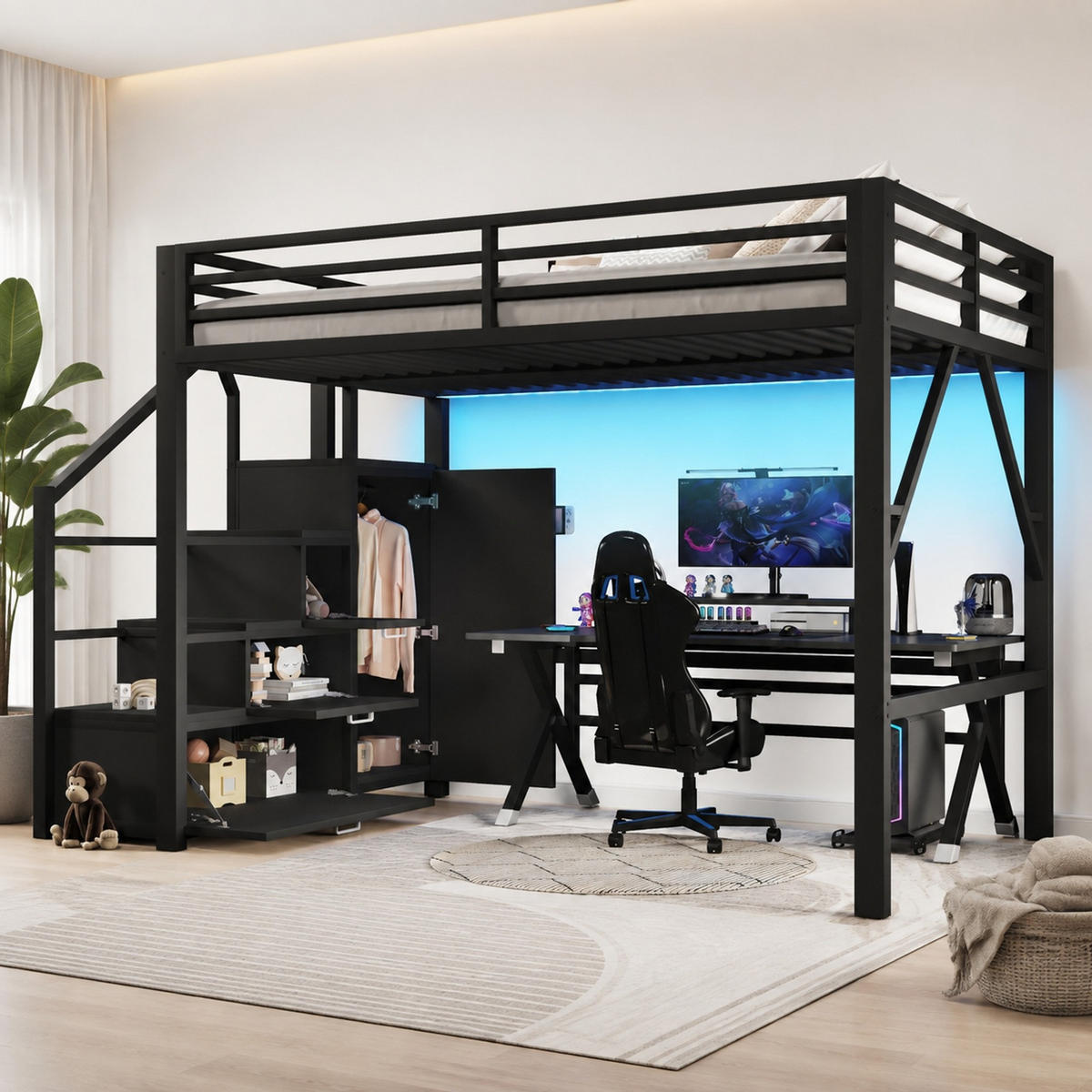 HOCHBETT 140/200 mit Staufächern, Kleiderschrank und Treppe in Schwarz - Schwarz, Holzwerkstoff/Metall (140/200cm) - EVRYAE