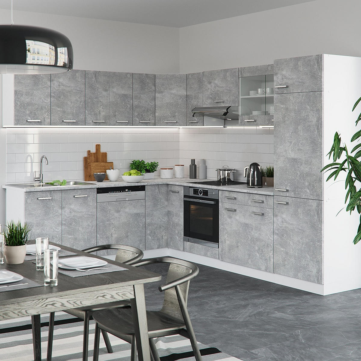 ECKKÜCHE R-Line, Beton/Weiß, 287 x 227 cm ohne Arbeitsplatte - Weiß/Grau, Holzwerkstoff (287/81.6/46cm) - Vicco
