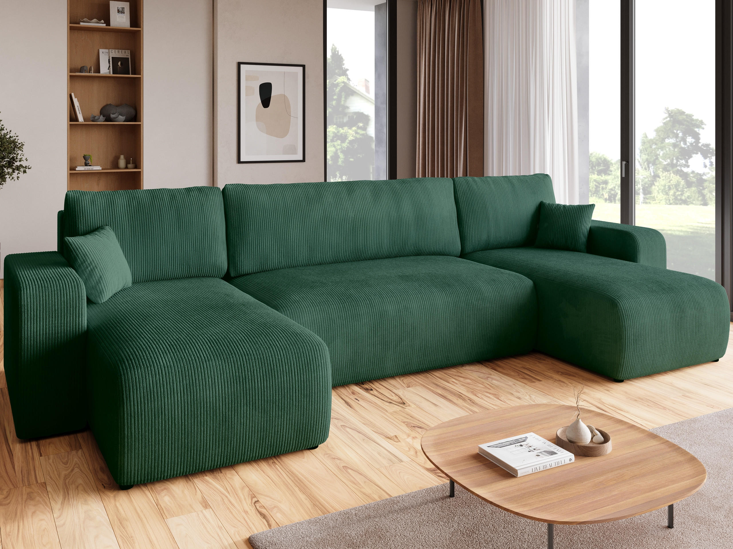 WOHNLANDSCHAFT PUMI mit Schlaffunktion Grün Cord - Dunkelgrün, Textil (312/82/148cm) - Bromarkt