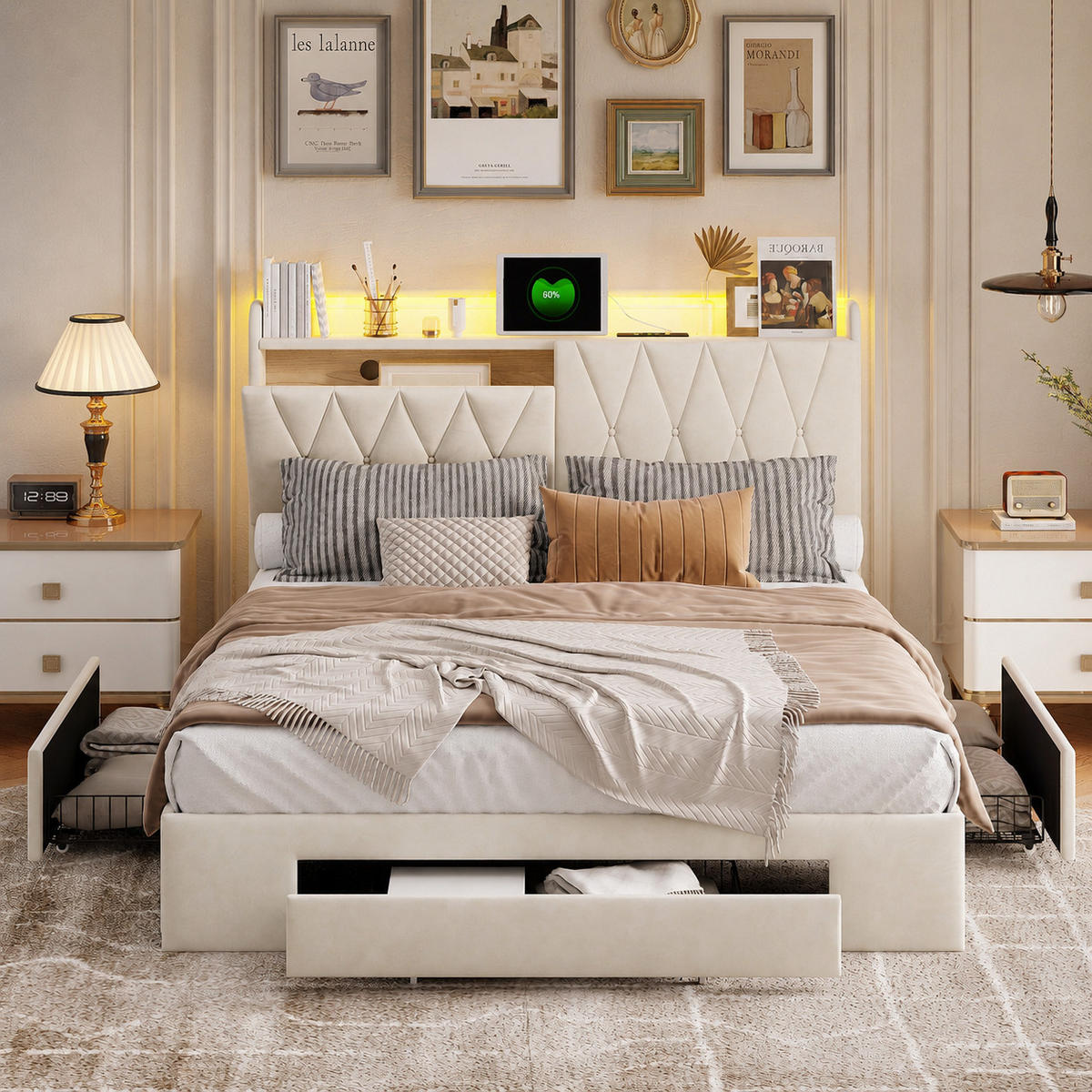 POLSTERBETT 160/200 cm mit Schubkasten‑Stauraum, LED‑Beleuchtung & USB‑Anschluss, Chesterfield‑Samtkopfteil - Beige, Holz/Metall (160/200cm) - Joyfair