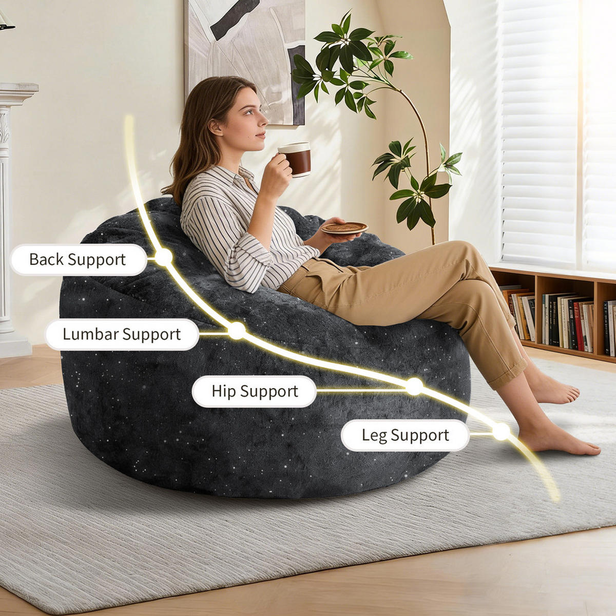 SITZSACK Ergonomisch Stoff 103 x 103 x 65 cm Ganzkörperunterstützung - Schwarz, Textil (103/31/103cm) - Raelunyi