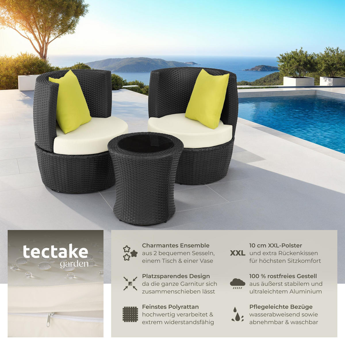 RATTAN SITZGRUPPE Nizza,stapelbar,schwarz - Schwarz, Kunststoff - tectake