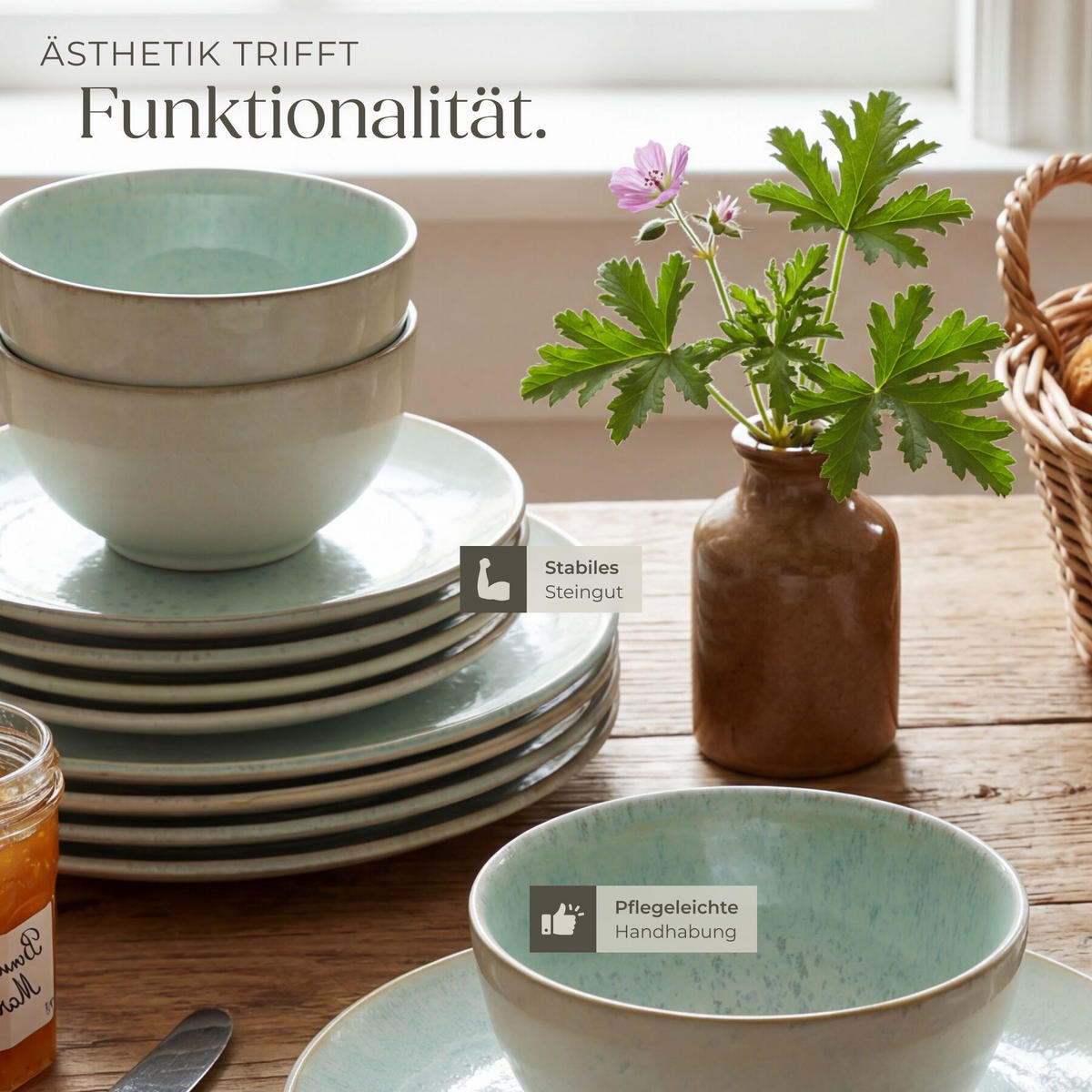 TAFELSERVICE Mare, ineinander stapelbar, Mint - Mintgrün, Keramik (26.5/2.5/26.5cm) - tectake