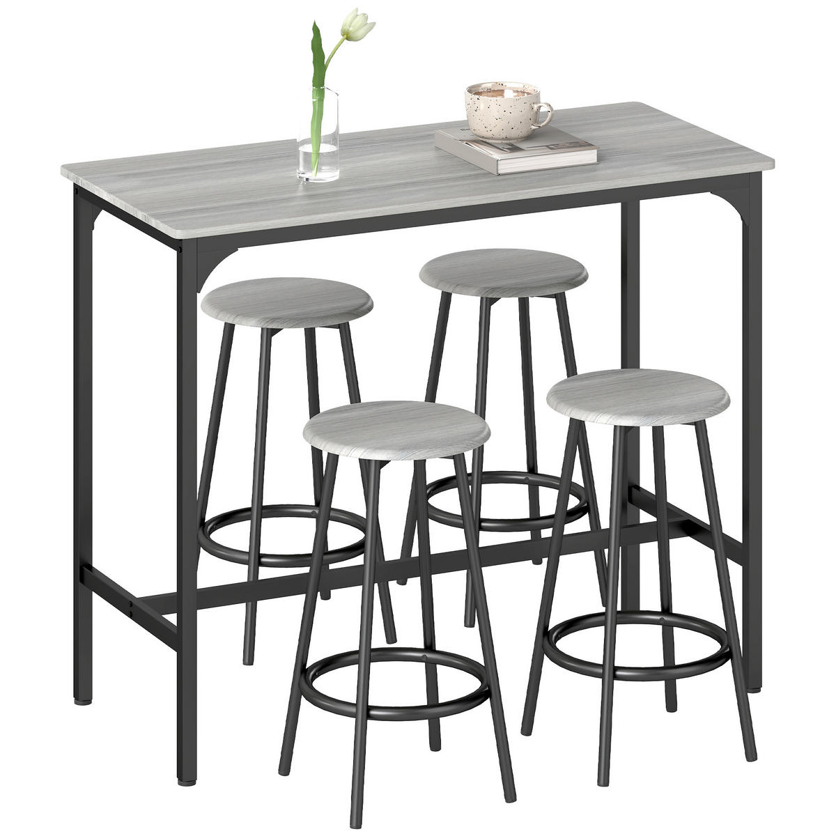 BARGARNITUR 5-teilig DE-08024 mit Tisch & 4 Hockern, Industrie-Design Rustikal - Grau, Metall (50/89.5/110cm) - ComfortXL