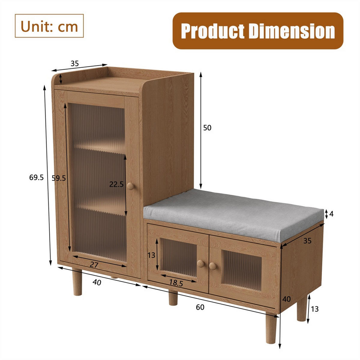 SCHUHSCHRANK mit integrierter Sitzbank - Mehrzweck-Schuhschrank mit geriffelten Glastüren und Sitzkissen - Natur - Nussbaumfarben, Holzwerkstoff (35/69.5/100cm) - DELFA