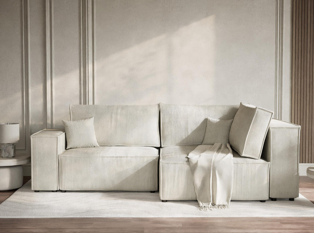 ECKSOFA MIT SCHLAFFUNKTION Tonga Creme Samtstoff - Creme/Schwarz, Holz/Holzwerkstoff (255/105cm) - Maison de Reve