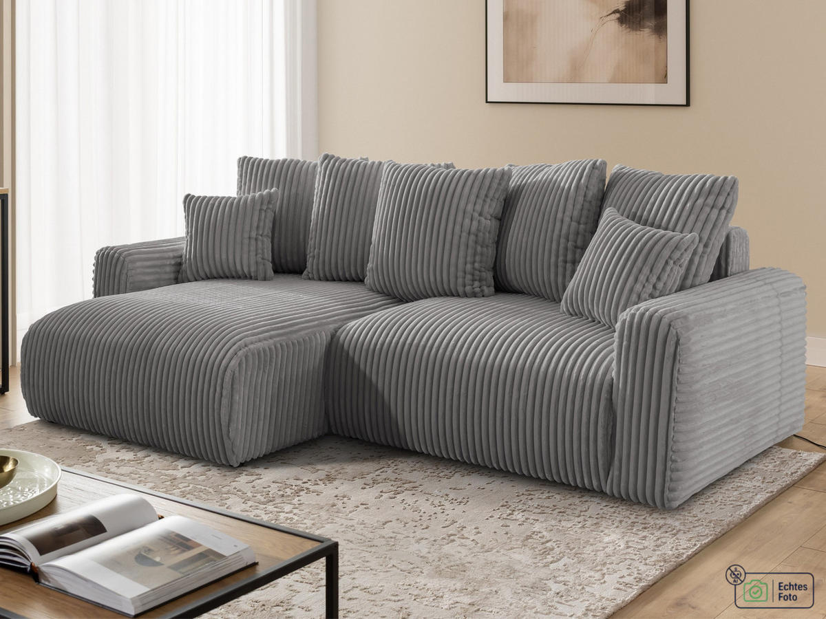 ECKSOFA Calma mit Schlaffunktion und Bettkasten im Bumpy-Design aus weichem Grau Plüschcord - Ottomane links - Schwarz/Grau, Holz/Kunststoff (239/140cm) - S-Style