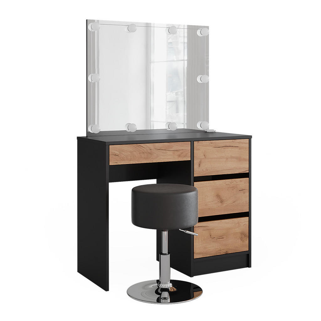 MASĂ DE TOALETĂ Sherry Stejar antracit/Goldkraft 90x75 cm cu oglindă, iluminare LED și taburet