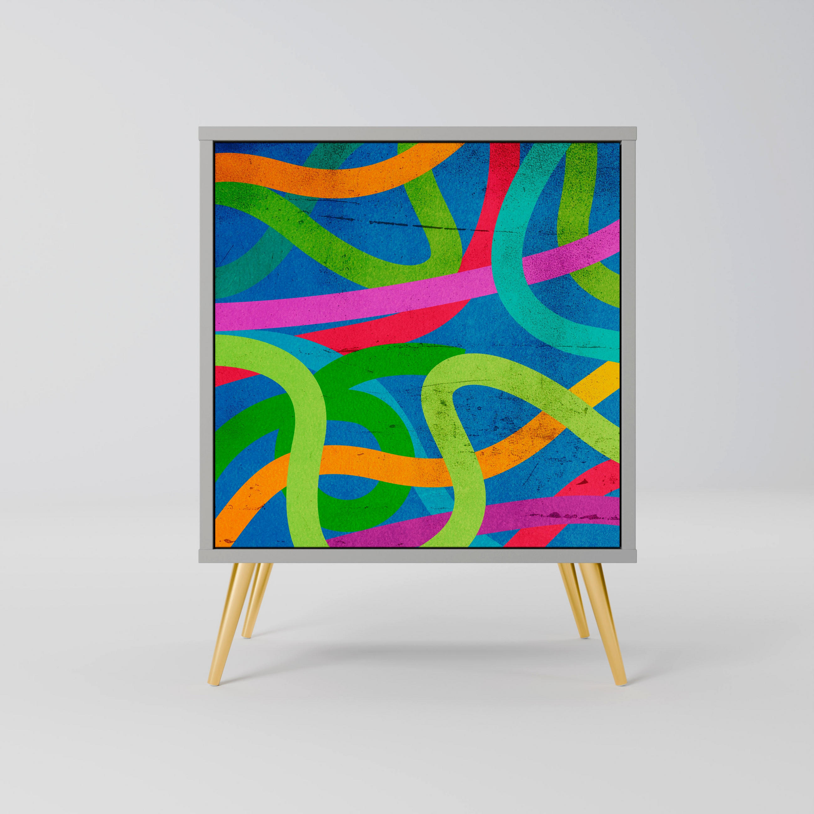 SIDEBOARD STREAMER TANGLE, Grau, 57,5x42x75,5 cm, Goldfarbene Metallfüße - Goldfarben/Multicolor, Holzwerkstoff/Metall (57.5/75.5/42cm) - SpaceRebels