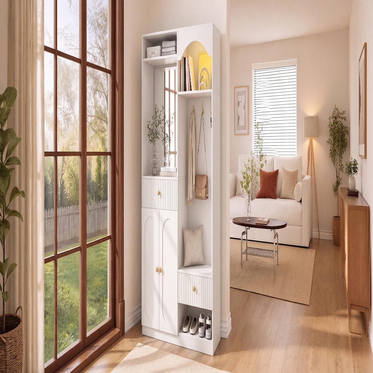 KÜCHENSCHRANK mit Spiegel und Sitzbank, MIT APP-GESTEUERTER LED-BELEUCHTUNG, MDF Weiß, modernes Flurmöbel Set, 100/180/35 cm - Weiß, Kunststoff (35/180/100cm) - Rolipo