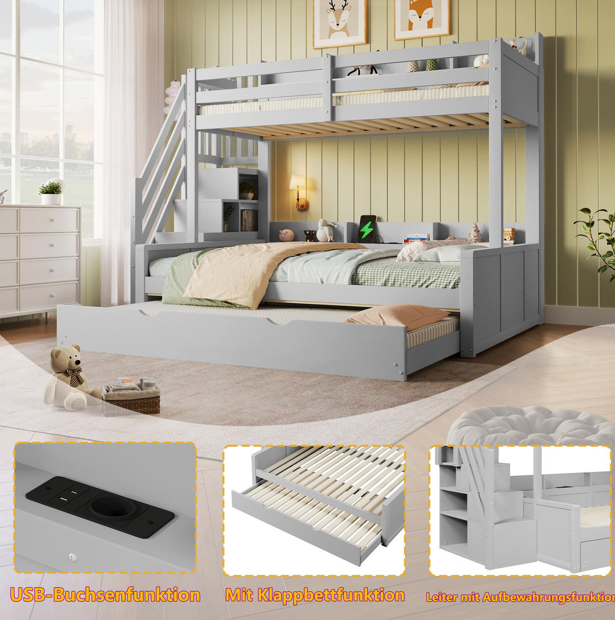 ETAGENBETT aus MDF und Kiefer 90x200/140x200 cm Grau mit Ausziehbett, Stauraumtreppe und USB-Anschluss - Grau, Holz (90/200cm) - Modfu