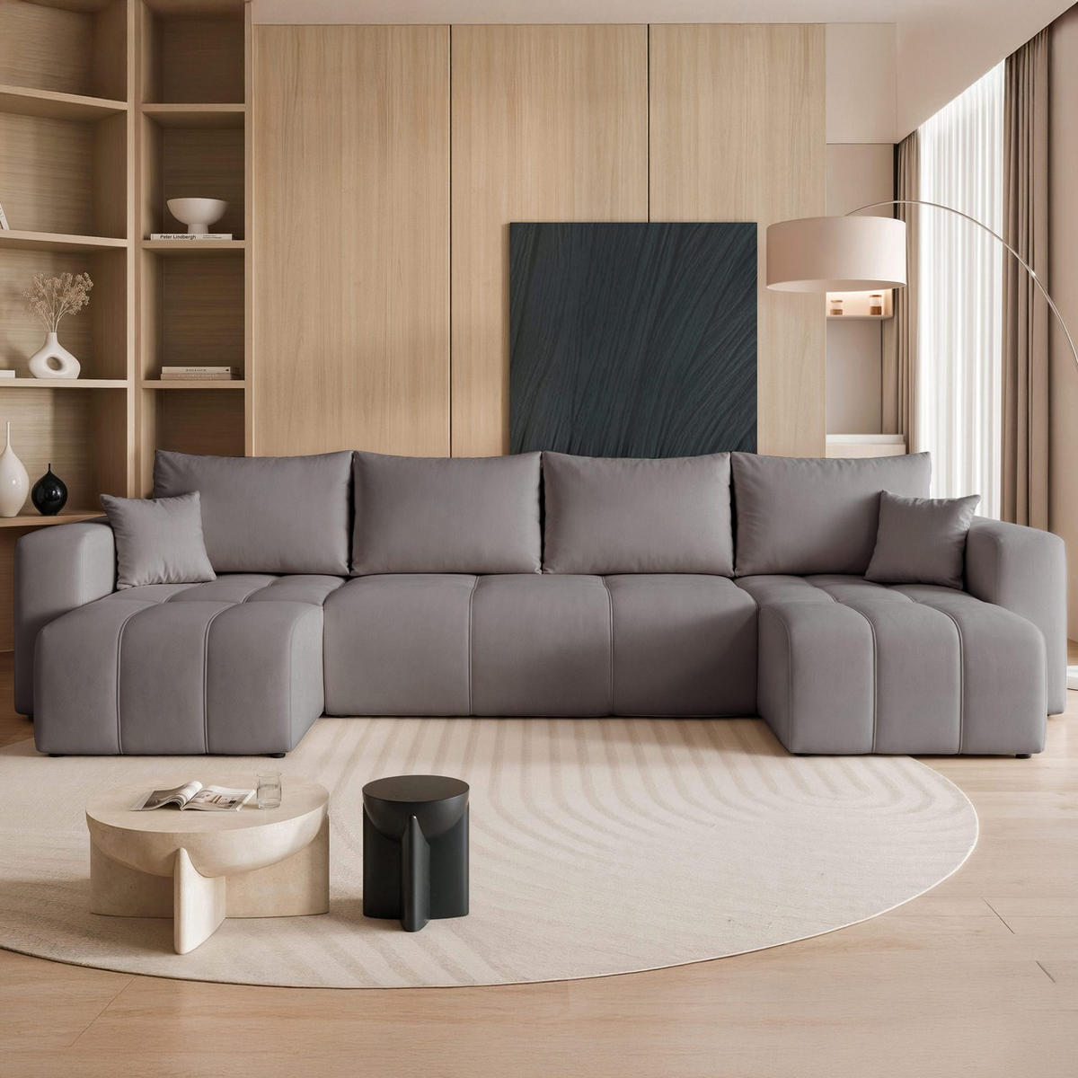 WOHNLANDSCHAFT U-Form Velours mit Bettkasten und Schlaffunktion - Dunkelgrau, Holzwerkstoff/Textil (318/79/145cm) - Idohome