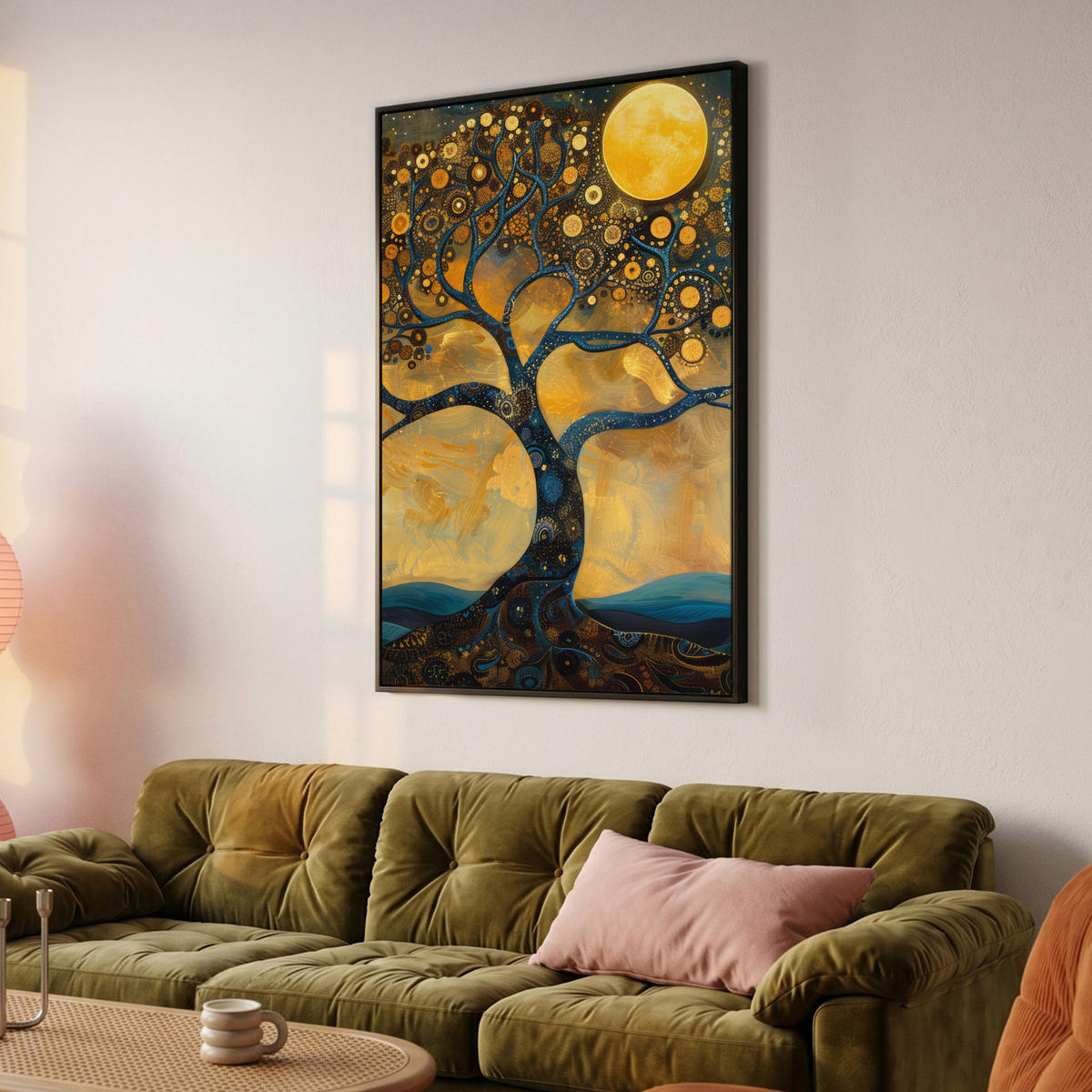 LEINWAND Bilder mit Rahmen - Baum - Mond - Blumen - Gold - Kunst - 90x140 - Orange, Textil (90/140cm) - MuchoWow