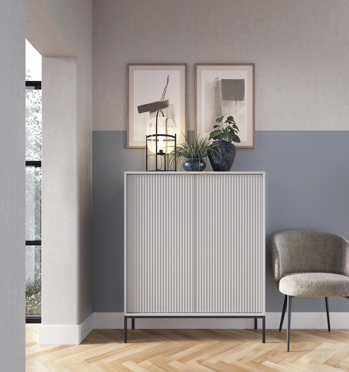 HOCHKOMMODE NOVA Geriffelt, 2-Türen, KOMMODE Schwarz, Schwarze Füße 104x39x cm Grau - Graphitfarben/Schwarz, Holzwerkstoff/Kunststoff (104/125/39cm) - DomoHome