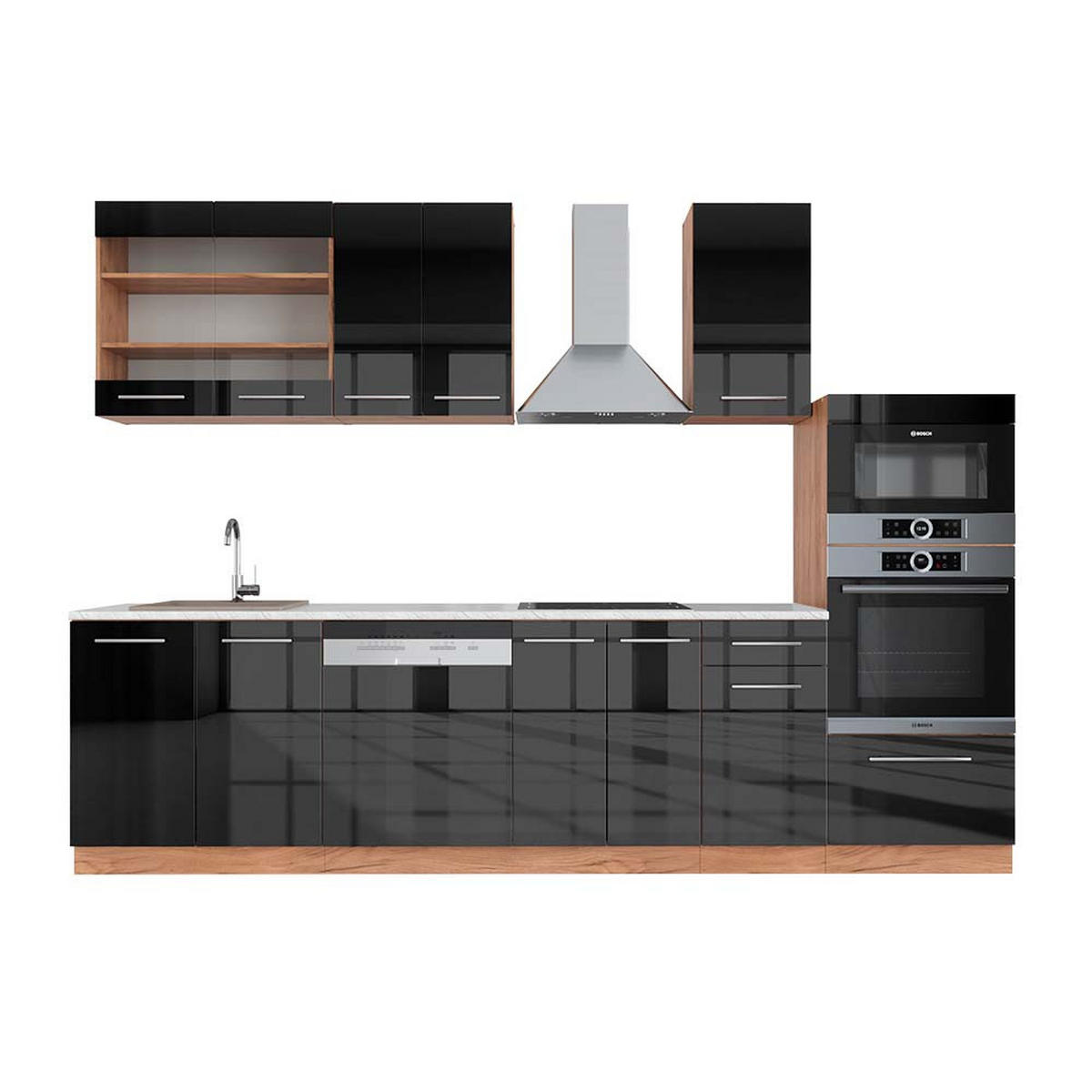KÜCHENZEILE Fame-Line Anthrazit Hochglanz/Goldkraft Eiche 300 cm AP Marmor - Anthrazit/Eiche Wotan, Holzwerkstoff (300/81.6/60cm) - Vicco