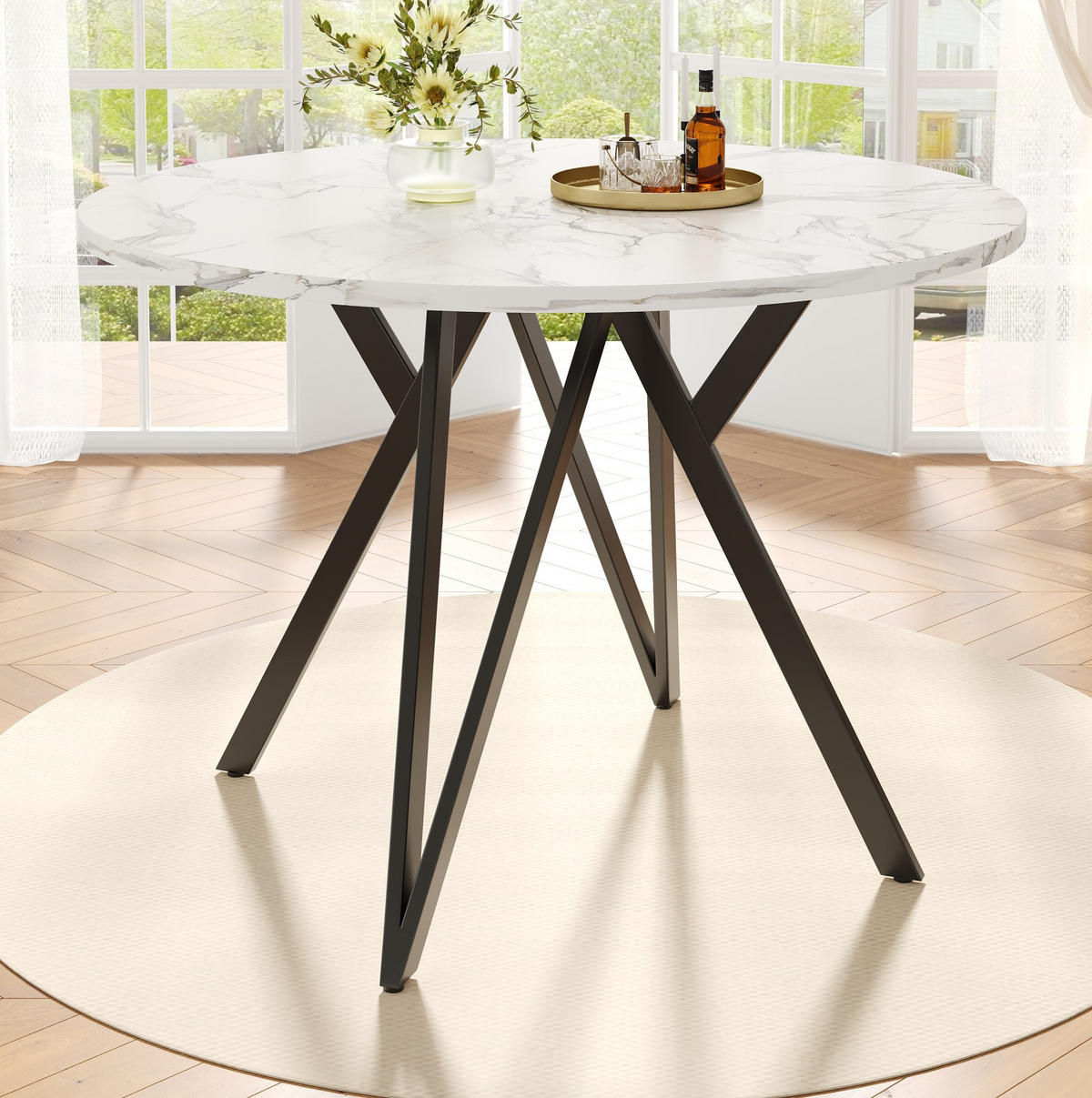 ESSTISCH Rund 100/100/76 cm Schwarz aus MDF in Marmoroptik mit Metallgestell - Schwarz, Holzwerkstoff (100/100/76cm) - OKWISH