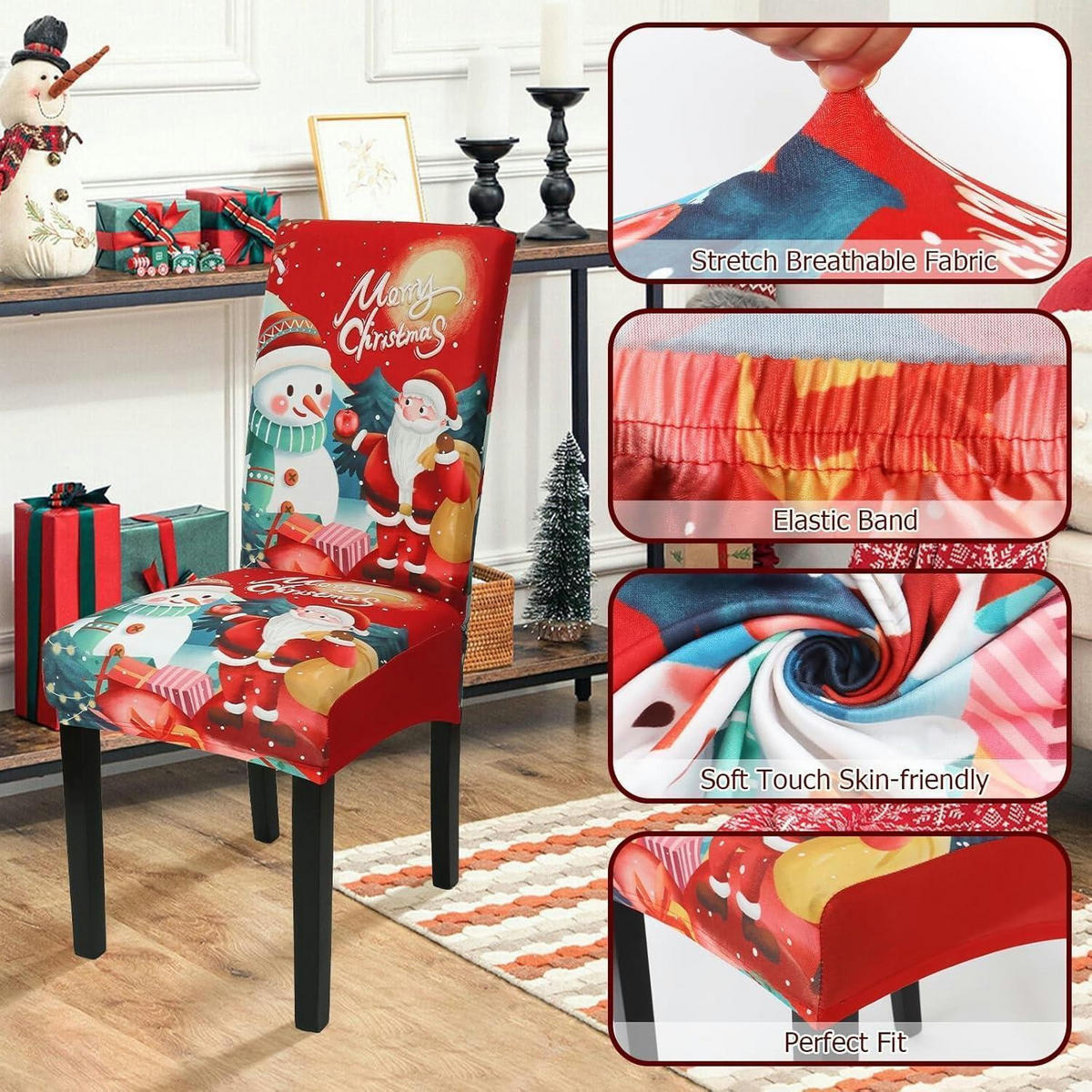 STUHLHUSSEN Weihnachten 6er Set Rot-Schneemann - Multicolor, Textil (43/43cm)