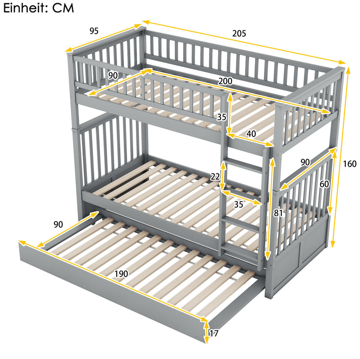 ETAGENBETT mit Ausziehbett 90x200 cm Kiefernholz Grau - Grau, Holzwerkstoff (90/200cm) - Beauniv