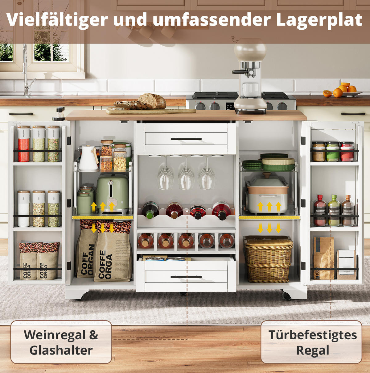 KÜCHENINSEL 138/45(70)/92 cm weiß natur mit klappbarer Arbeitsplatte - Weiß, Holzwerkstoff (138/92/70cm) - OKWISH