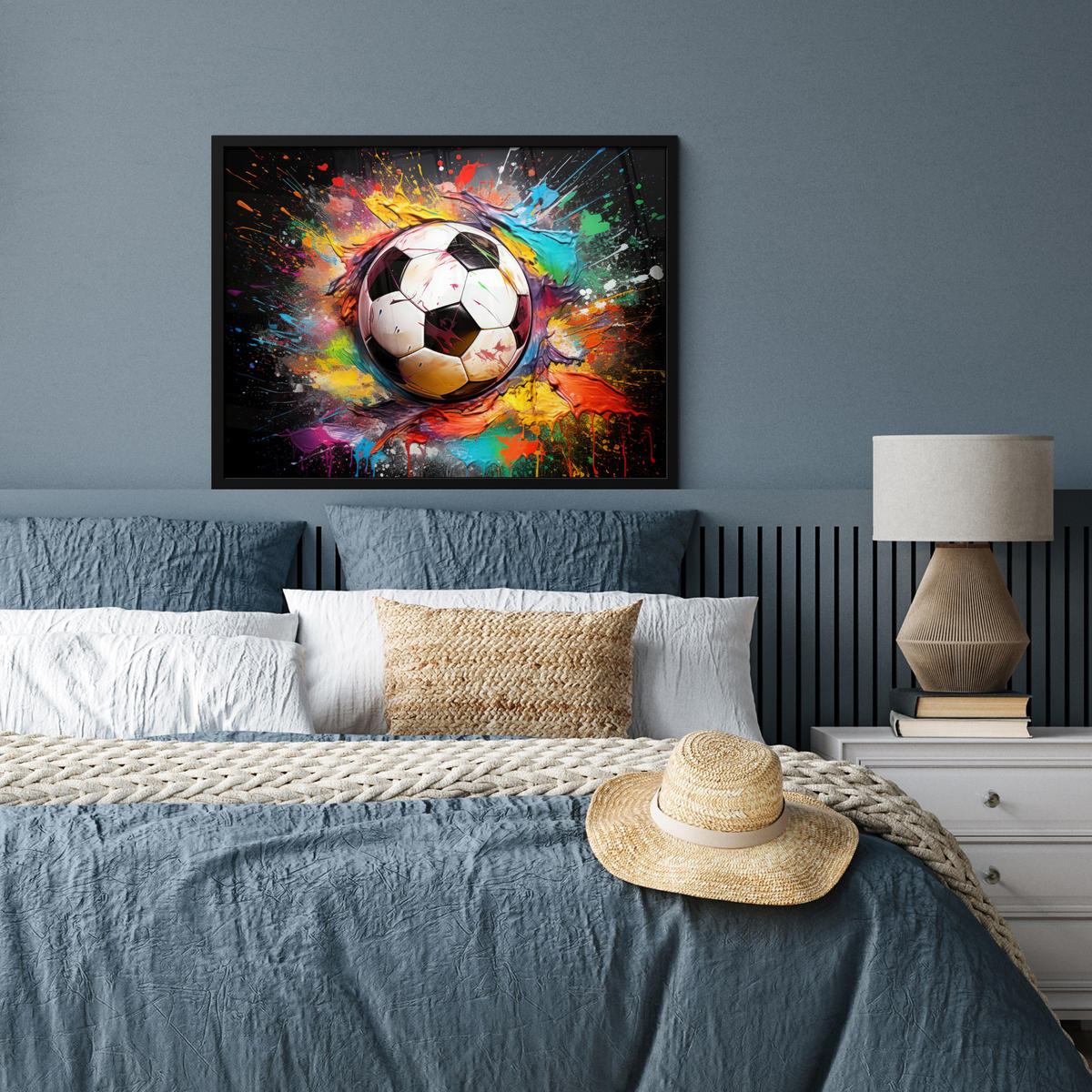 POSTER MIT RAHMEN Fußball - Farbe - Farben - Schwarz - Weiß 80x60 cm - Weiß, Papier (80/60cm) - MuchoWow
